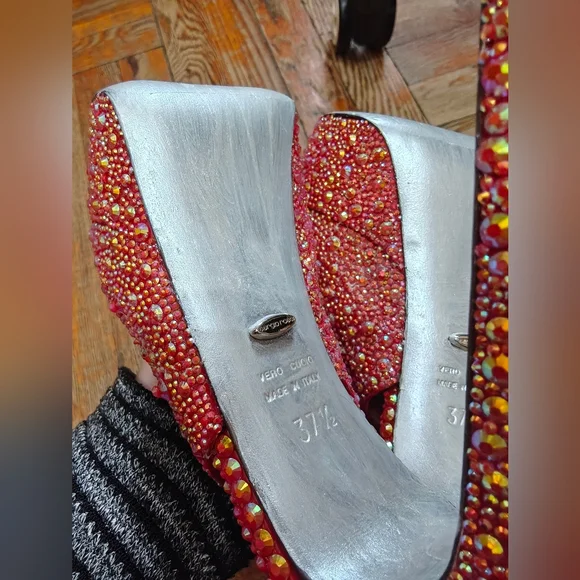 Sergio Rossi Straussed Rhinestone Red Heels 7.5 37.5 - Picture 5 of 7